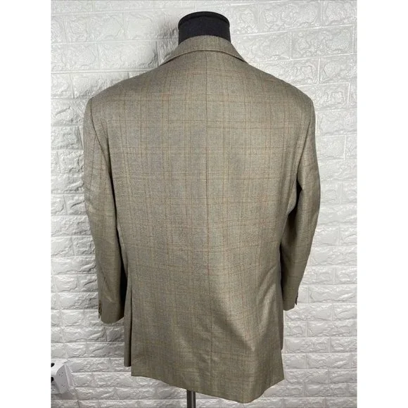 44 RBrown Tan Over Check Plaid SILK WOOL 2-vent Blazer Jacket Coat E. THOMAS